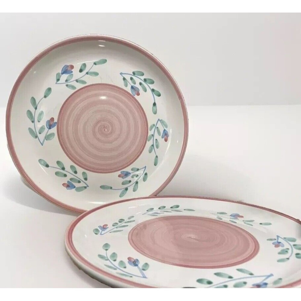 Pink Floral Caleca Italian Large Plates Hand Painted Pottery 11” Set Of 2 Dinner